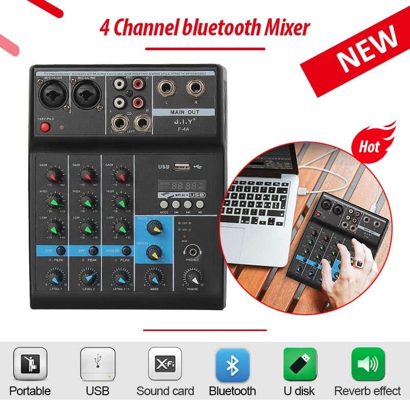 Professional 4 Channel bluetooth Mixer Audio Mixing